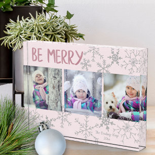 Seien Sie frohe Pink & Silver Snowfloakes Fotoblock