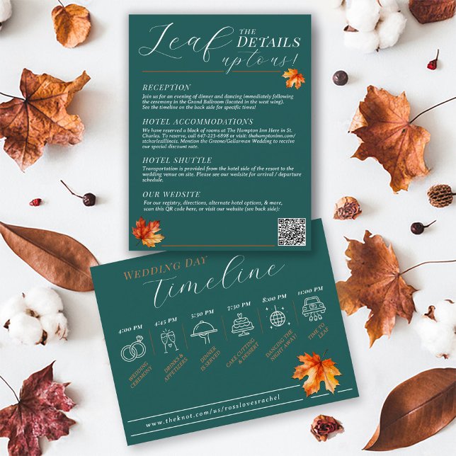 Seien Sie in der Liebe Aquamarine rustikale Hochze Begleitkarte (Leaf Pun teal & rust BeLeaf in Love rustic fall leaves Autumn wedding details timeline infographic)