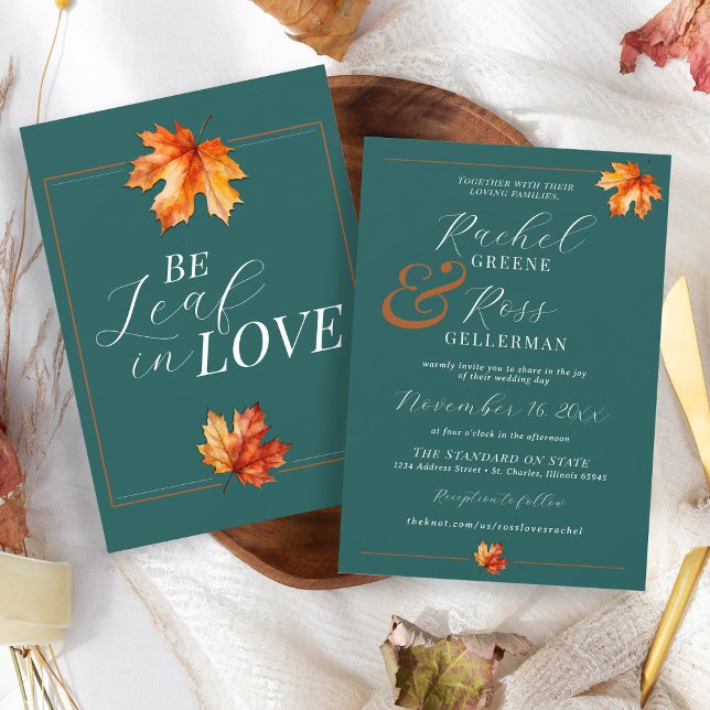 Seien Sie in der Liebe Aquamariner Rost Elegante H Einladung (Elegant jewel tone teal burnt orange rust watercolor fall leaves autumn wedding invitation)