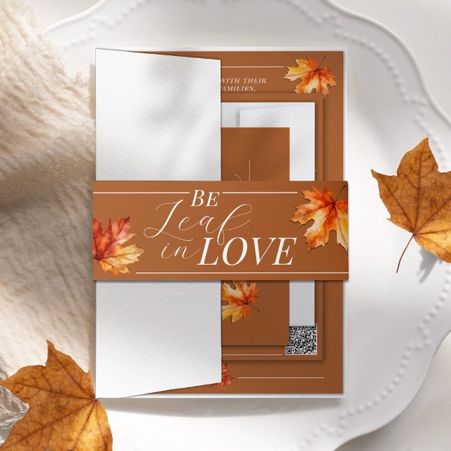Seien Sie in Liebe Herbstlaub Burnt Orange Hochzei Einladungsbanderole (Elegant Watercolor fall leaves Autumn wedding invitation belly band, burnt orange, Be leaf beleaf )
