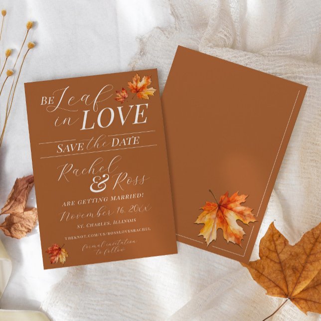 Seien Sie in Liebe Herbstlaub Burnt Orange Hochzei Save The Date (Simple modern elegant rustic watercolor fall leaves Be Leaf in Love Autumn wedding save the date)