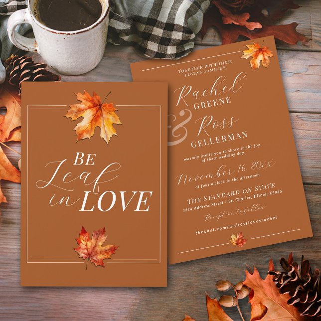 Seien Sie links in der Liebe Burnt Orange Rustikal Einladung (Modern classy Be Leaf In Love, BeLeaf, watercolor fall leaves rustic Autumn wedding invitation)