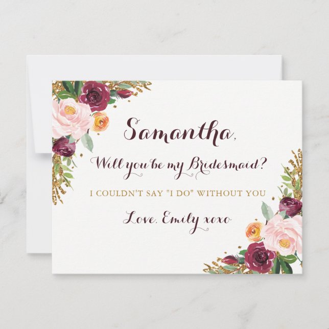 Seien Sie mein Bridesmaid Card Burgundy Gold Flora Einladung (Vorderseite)