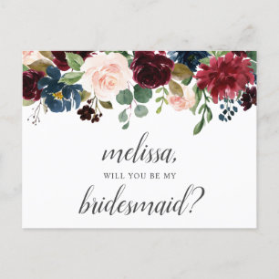 Seien Sie meine Bridesmaid Burgundy Blue Flowers Einladungspostkarte