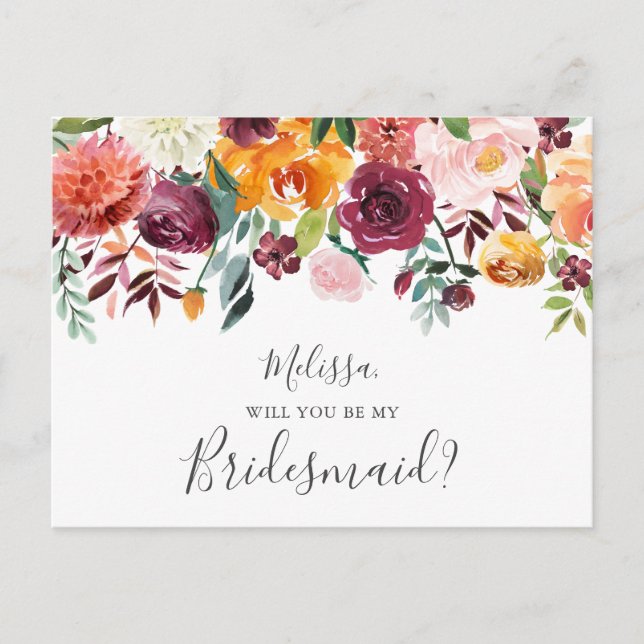 Seien Sie meine Bridesmaid Burgundy Yellow Flowers Einladungspostkarte (Vorderseite)