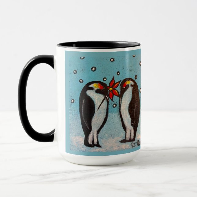 Seien Sie nette Pinguin Liebe Whimsistische Kunst Tasse (Links)
