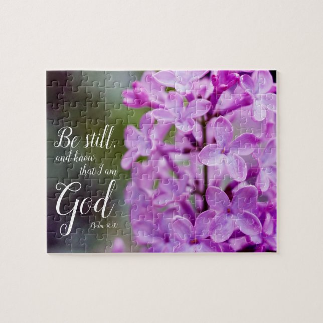 Seien Sie noch Psalm-46:10 lila lila Blumen Puzzle (Horizontal)