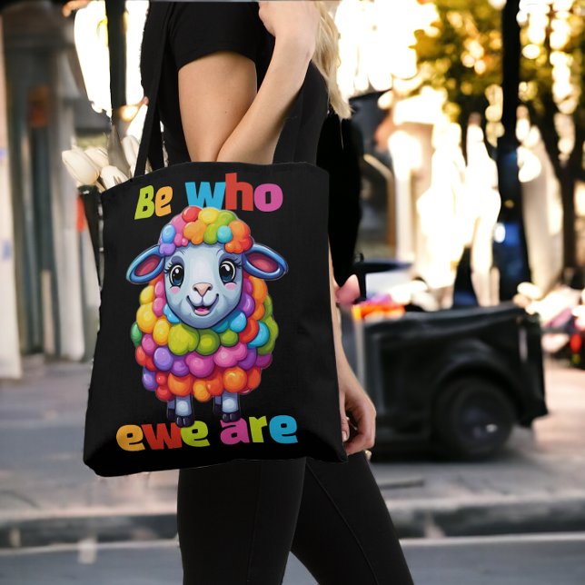 Seien Sie, wer ewe ist Rainbow Sheep (Be who ewe are Rainbow Sheep Tote Bags from Ricaso. LGBT gay pride cute be who you are colorful lamb)