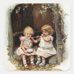 Seifenblasen blasende Mädchen im Vintage-Look Quadratischer Aufkleber