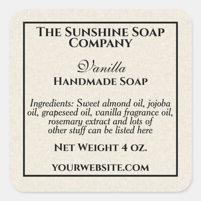 Seifenkosmetik in Beige-Leinen Quadratischer Aufkleber (Vorderseite)