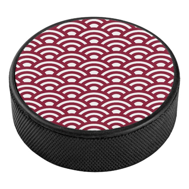 Seigaiha, Waves, Japanese, Burgundy and White Eishockey Puck (3/4)