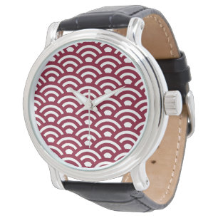 Seigaiha, Wellen, Japanisch, Burgund und Weiß Armbanduhr