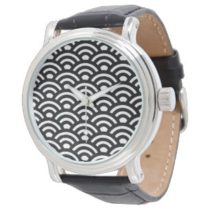 Seigaiha, Wellen, Japanisch, Schwarz und Weiß Armbanduhr