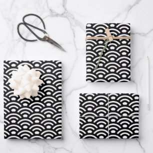 Seigaiha, Wellen, Japanisch, Schwarz und Weiß Geschenkpapier Set