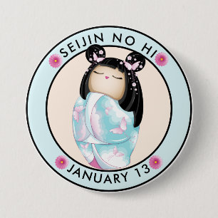Seijin no Hi kokeshi Mädchen Schmetterlinge Button