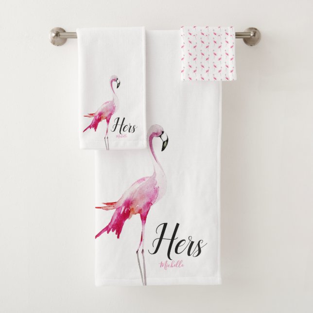 Sein und ihrs Name-tropischer Flamingo Themed Badhandtuch Set (Insitu)