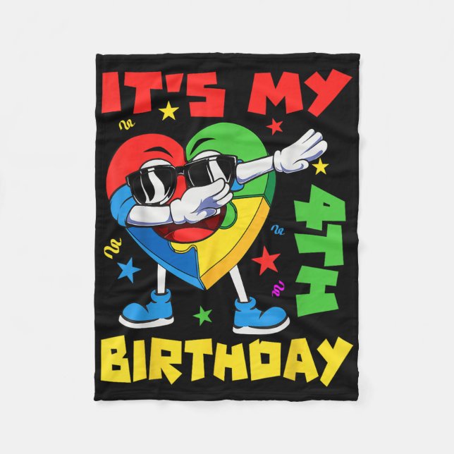 Sein vierter Geburtstag Dabbing Puzzle Pieces Auti Fleecedecke (Vorderseite)