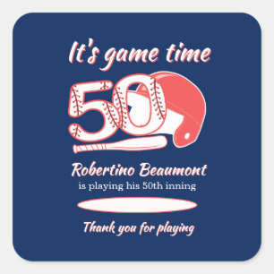 Seine 50. Innings-Baseball-Geburtstagsfeier Quadratischer Aufkleber