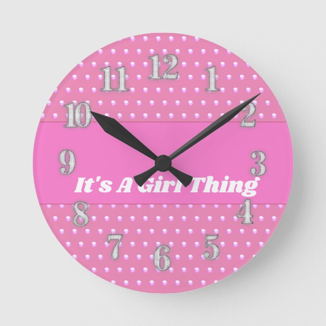Seine a Girl Things Pink Bright Polka Dots Girly Runde Wanduhr (Vorderseite)