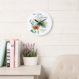 Seine Liebe hält für immer Psalm 136 Floral White Große Wanduhr
