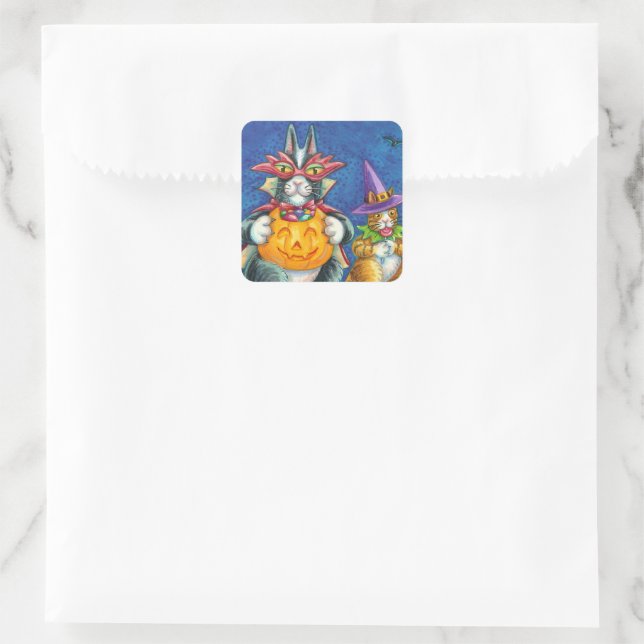 SEINE N' FITZ KATZEN, TRICK ODER BEHANDELN FUNNY H QUADRATISCHER AUFKLEBER (Tasche)