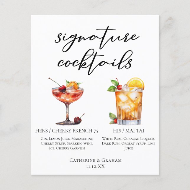 Seine sommerliche Hochzeitssignatur Cocktails Menu (Vorderseite)