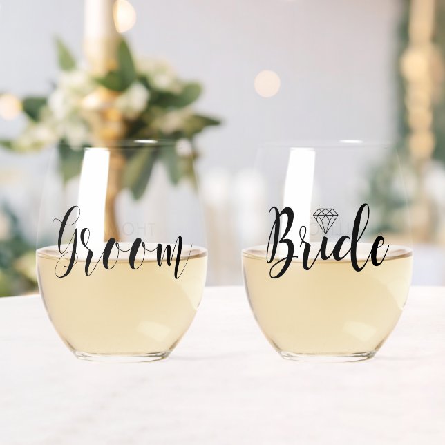 Seine und ihre "Groom and Bride" Personalisiert Weinglas Ohne Stiel (Insitu (Hochzeit))