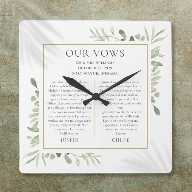 Seine und ihre Hochzeitsleute Vows Grünfoliage Quadratische Wanduhr (His And Hers Wedding Vows Greenery Foliage Square Wall Clock)