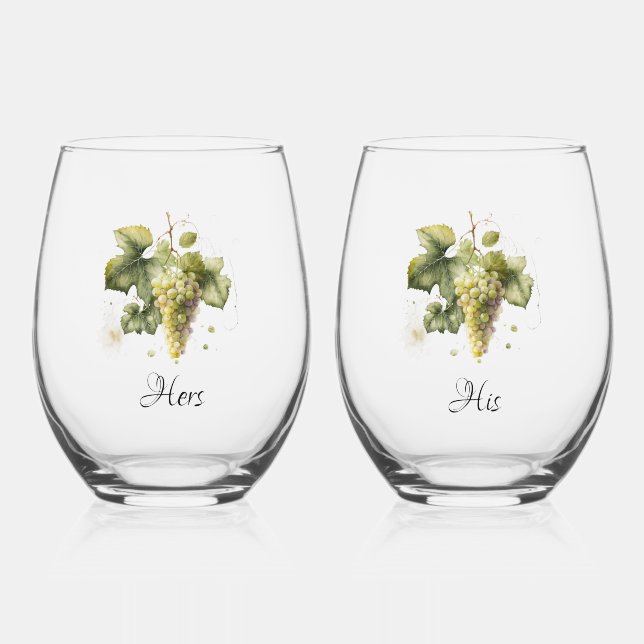 "Seine und ihre" Stemless Wine Gläser w Trauben (Vorderseite)