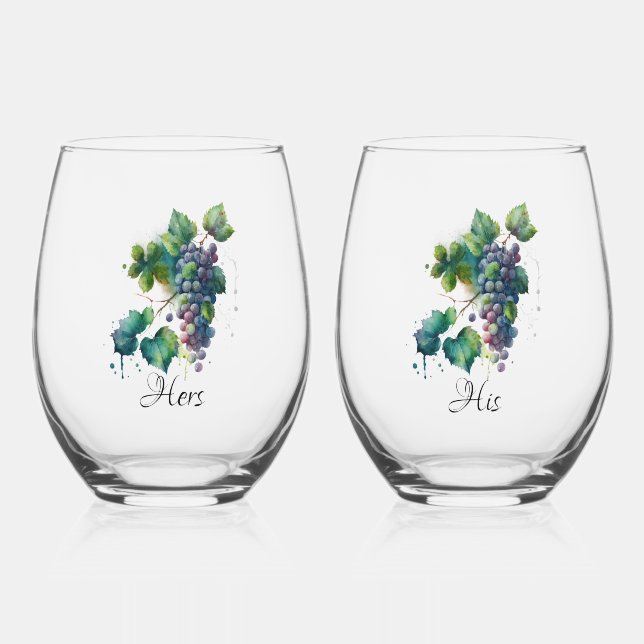 "Seine und ihre" Stemless Wine Gläser w Trauben (Vorderseite)