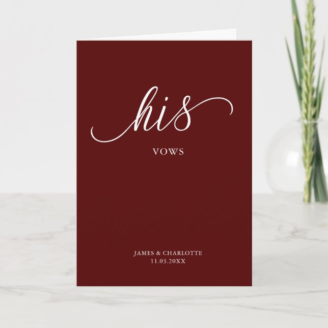 Seine Vows Card Minimalistischen Script Maroon Karte (Vorderseite)