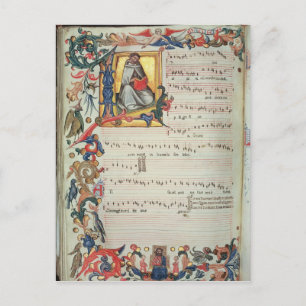 Seite der musikalischen Notation mit einer geschic Postkarte