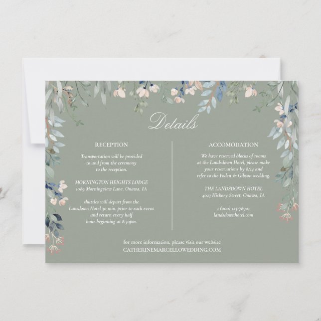 Seite Green Floral Cascade Wedding Details Card Einladung (Vorderseite)