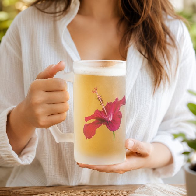 Seitenansicht der Blume des roten Hibiskus Mattglas Bierglas (Red Hibiscus Flower Side View Frosted Glass Beer Mug)