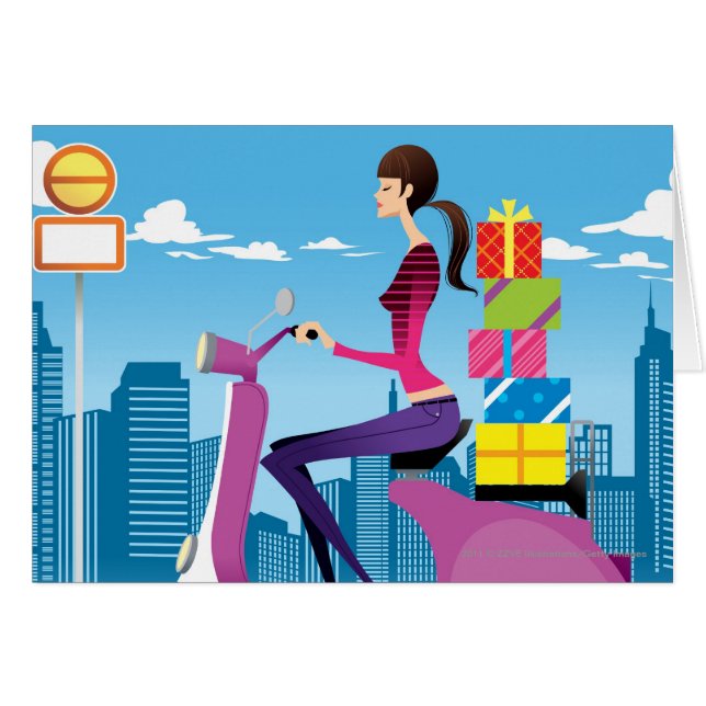 Seitenansicht der Frau mit Geschenken auf Roller (Vorderseite (Horizontal))