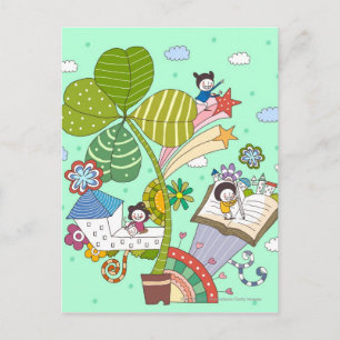 Seitenansicht der Kinder, die an getöpfter Pflanze Postkarte