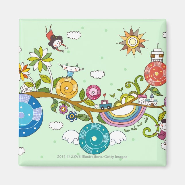 Seitenansicht der Kinder, die auf einem Zweig spie Magnet (Vorne)