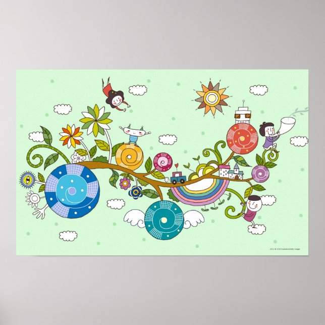 Seitenansicht der Kinder, die auf einem Zweig spie Poster (Vorne)