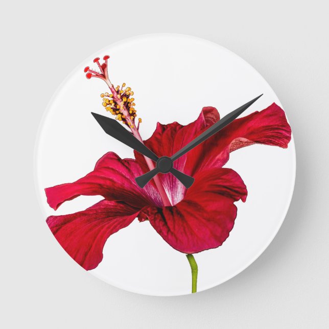 Seitenansicht des roten Hibiskus Blume Runde Wanduhr (Vorderseite)