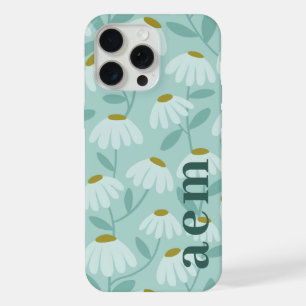 Seitige Monogramm-Initialen Türkis-Blau-Blumenmust iPhone 15 Pro Max Hülle