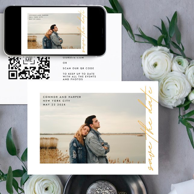 Seitliche Schritte QR Code Einfach elegant Gold Fo Save The Date (Von Creator hochgeladen)