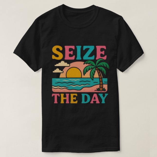 SEIZE THE DAY Glitter Typography Tropical Sunset T-Shirt (Design vorne)