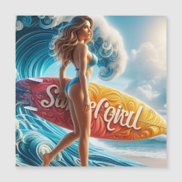 Selbstbewusstes Surfer-Girl, das die Wellen am Str Magnetkarte