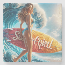 Selbstbewusstes Surfer-Girl-Geht-am-Strand-Wellen- Steinuntersetzer