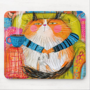 Selbstgefällige orange getigerte Katze trinkt Kaff Mousepad