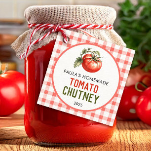 Selbstgemachte Tomaten-Chutney mit Karomuster Geschenkanhänger