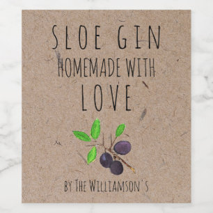 Selbstgemachter Sloe Gin mit Liebe auf Kraftpapier Weinetikett