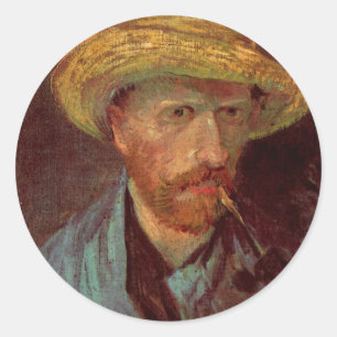 Selbstporträt von Van Gogh mit Strohhut und Pfeife Runder Aufkleber