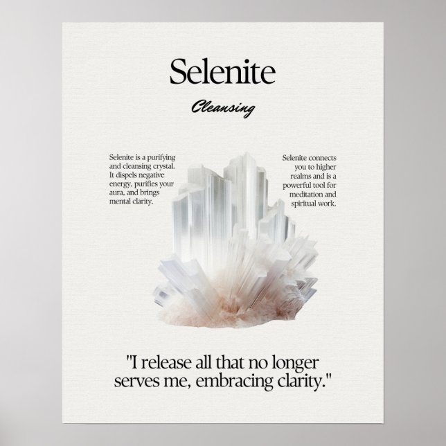 Selenite Stone Crystal Meaning Card Poster (Vorne)