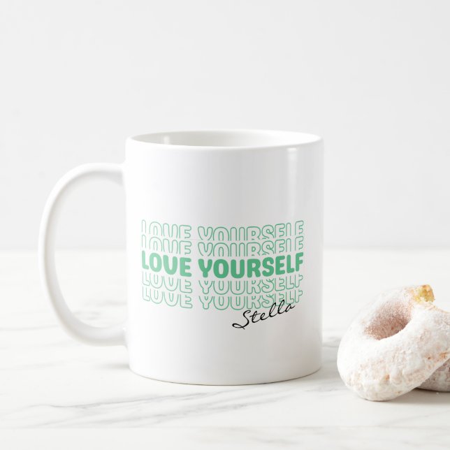 Self Love Mint Wavy Retro Custom Name Text Kaffeetasse (Mit Donut)